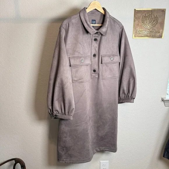 GAP Womens Faux Suede Utility Shirt Dress Mauve Brown XXL Puff Sleeve Mini - Picture 2 of 10